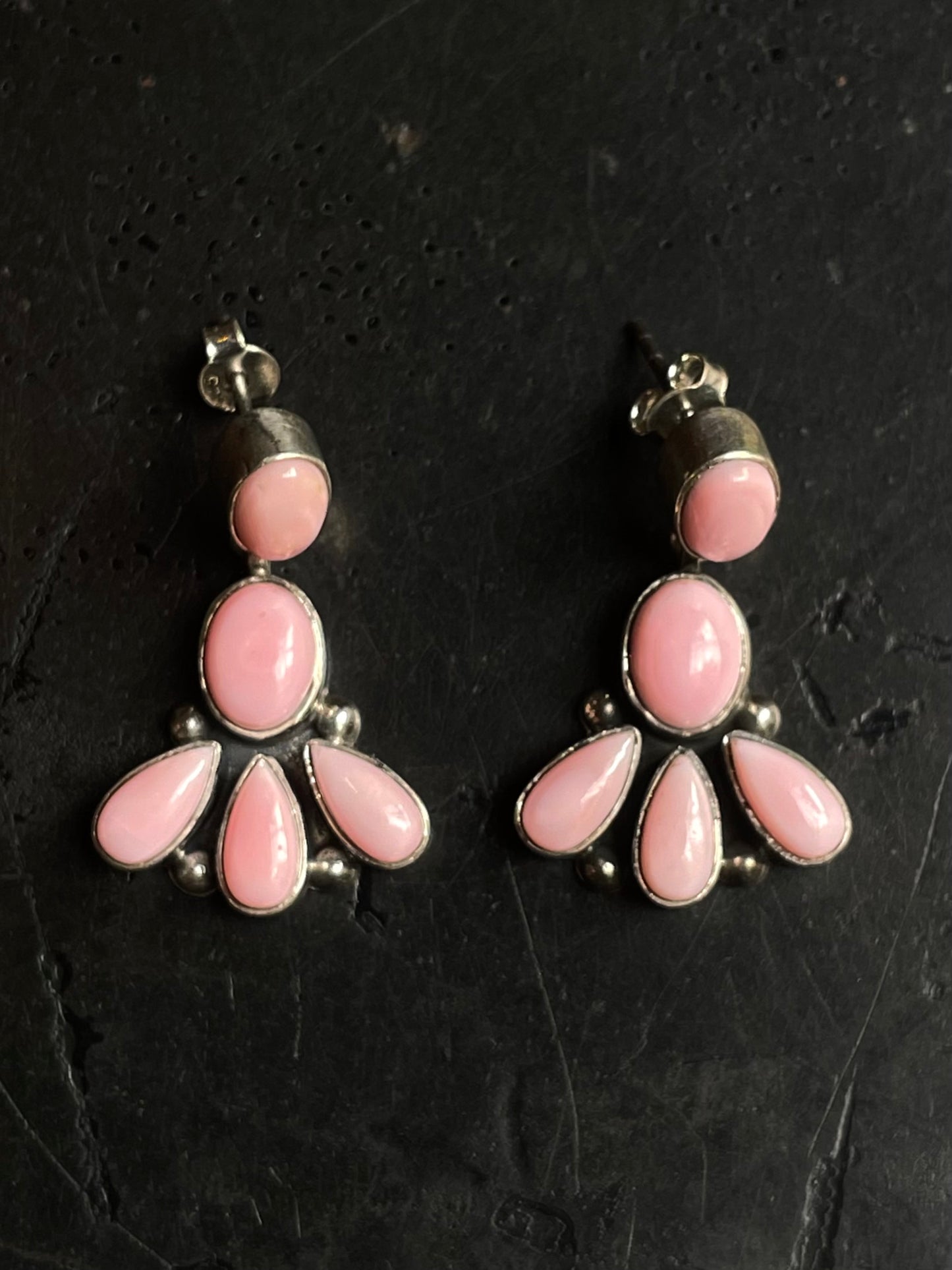 Pink Conch Drop Stud Earrings | Multi Stone Cluster Sterling Silver E674