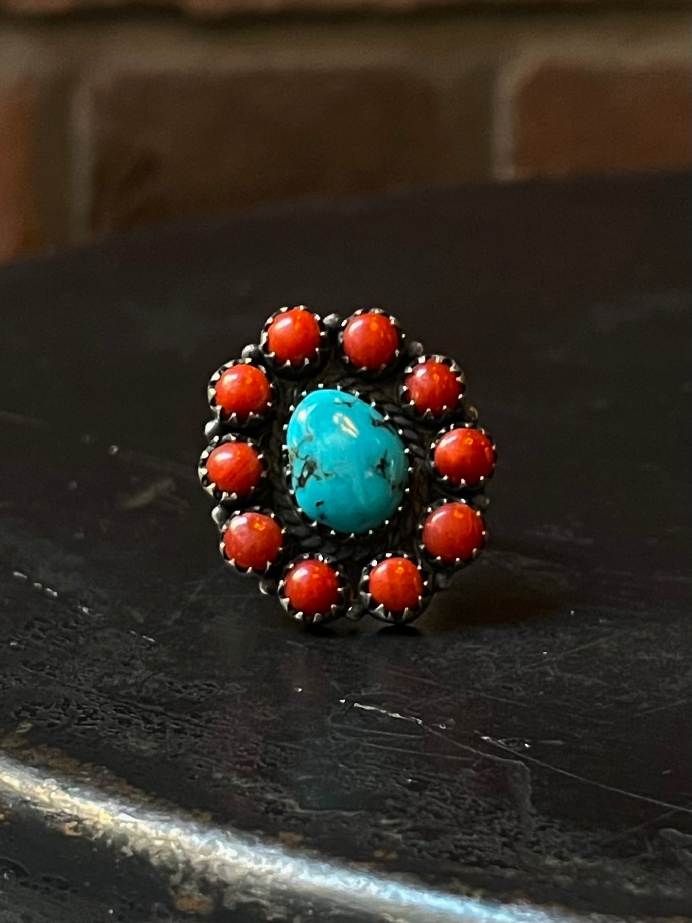 Kingman Turquoise Coral Cluster Ring | Sterling Silver | Size 9 | A171