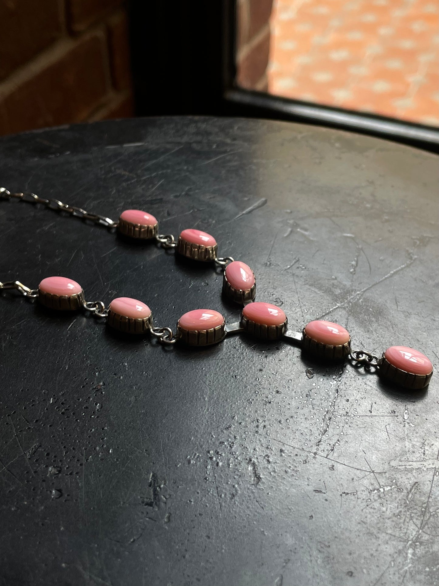 Pink Conch Lariat Necklace | Teardrop Station Drop | 925 Silver E553
