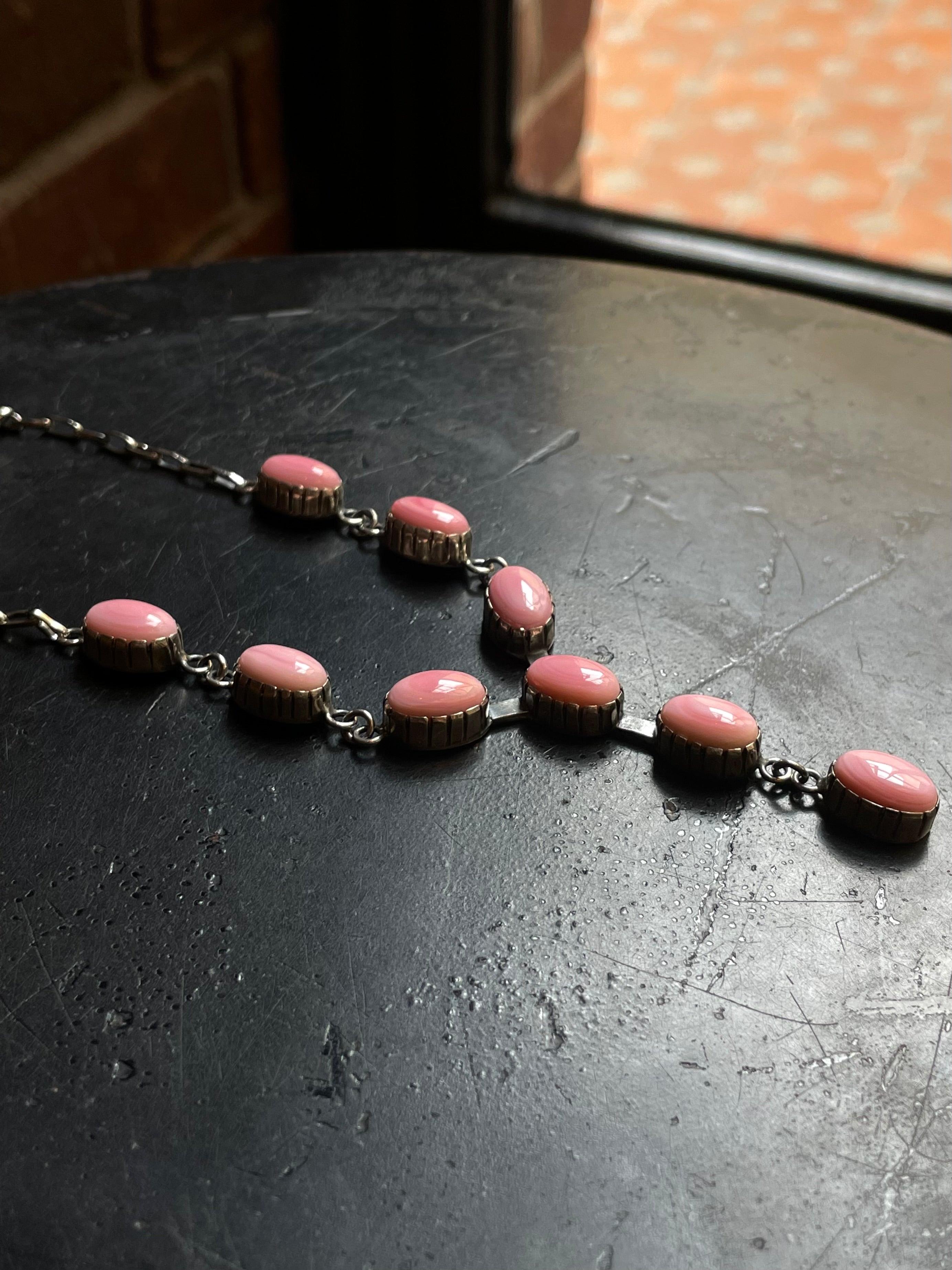 Pink Conch Lariat Necklace | Teardrop Station Drop | 925 Silver E553
