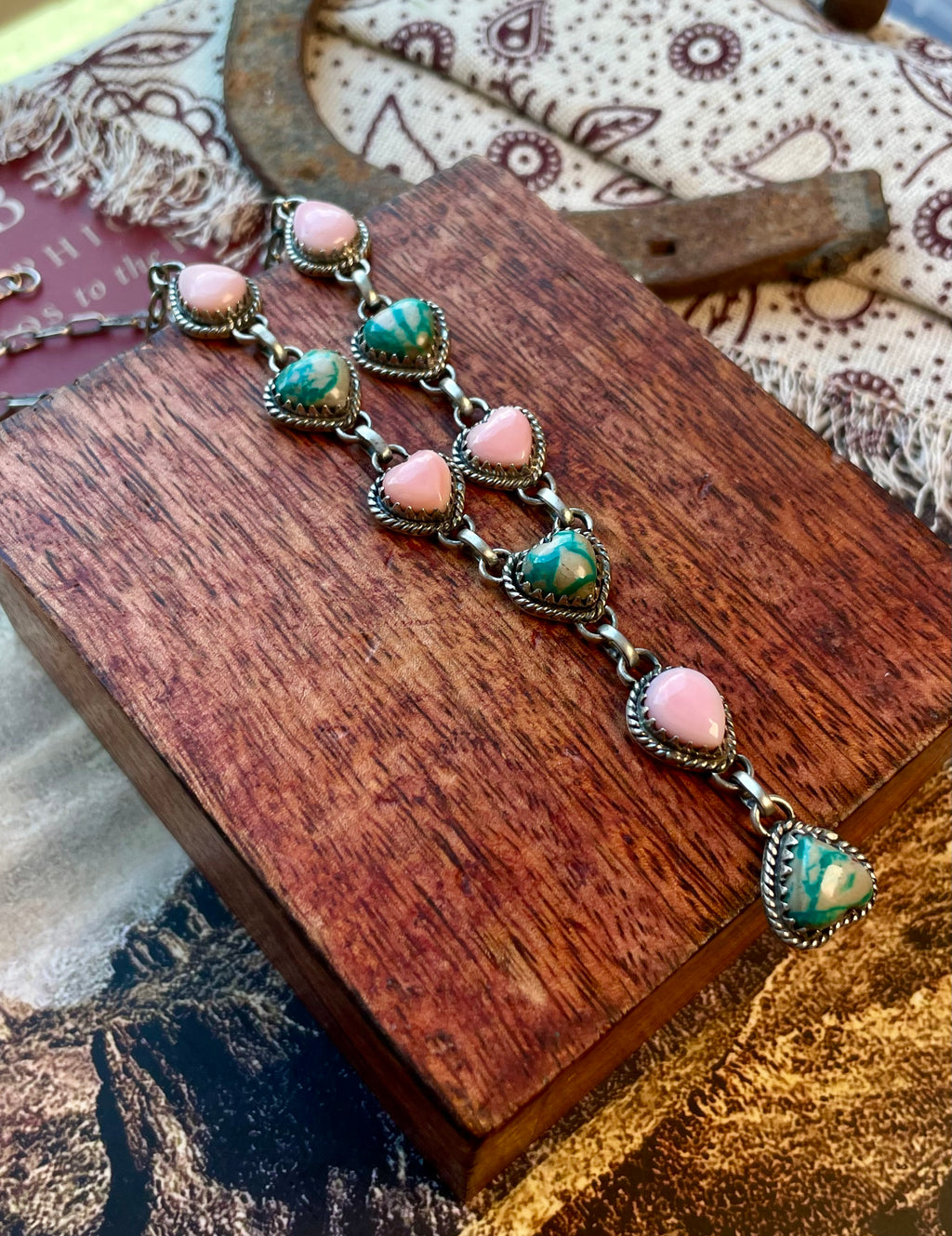 Pink Conch & Kingman Turquoise Lariat Necklace | 925 Sterling Silver D221
