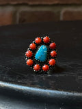 Kingman Turquoise Coral Cluster Ring | Sterling Silver | Size 6 | A168
