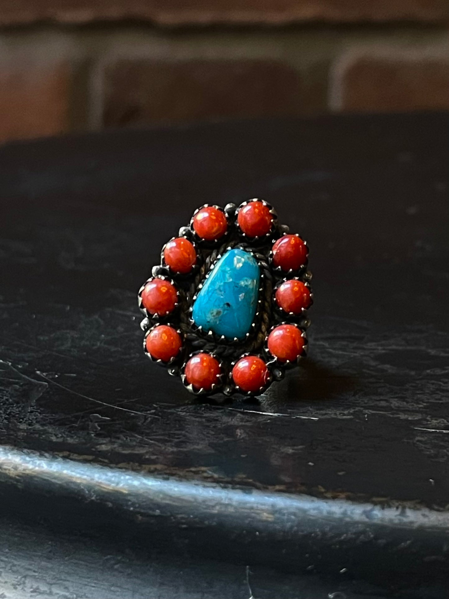 Kingman Turquoise Coral Cluster Ring | Sterling Silver | Size 6 | A168