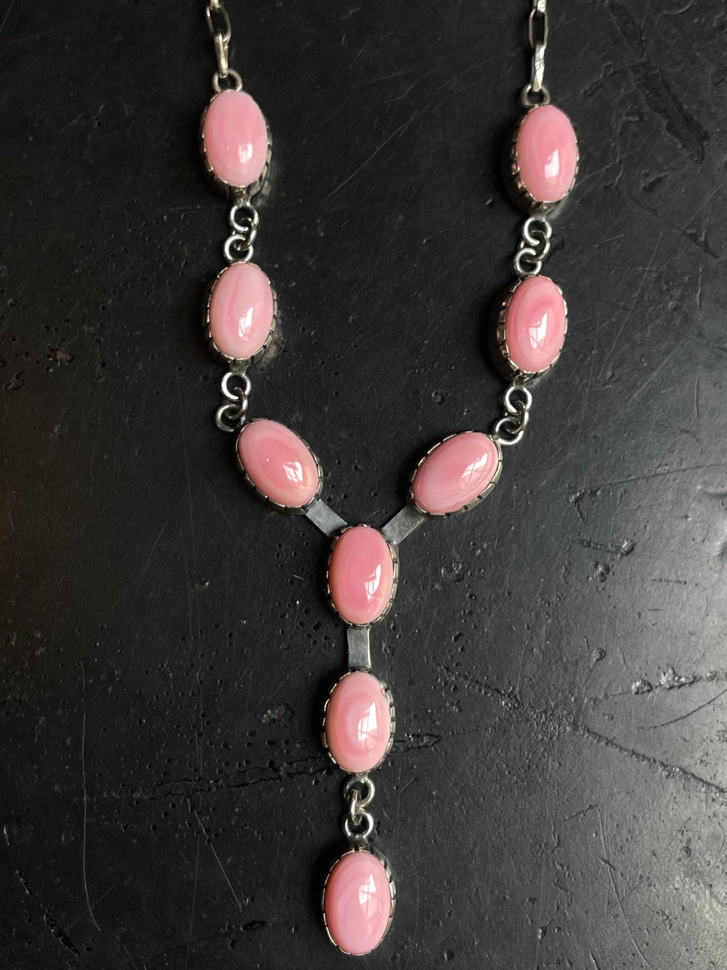 Pink Conch Lariat Necklace | Teardrop Station Drop | 925 Silver E553