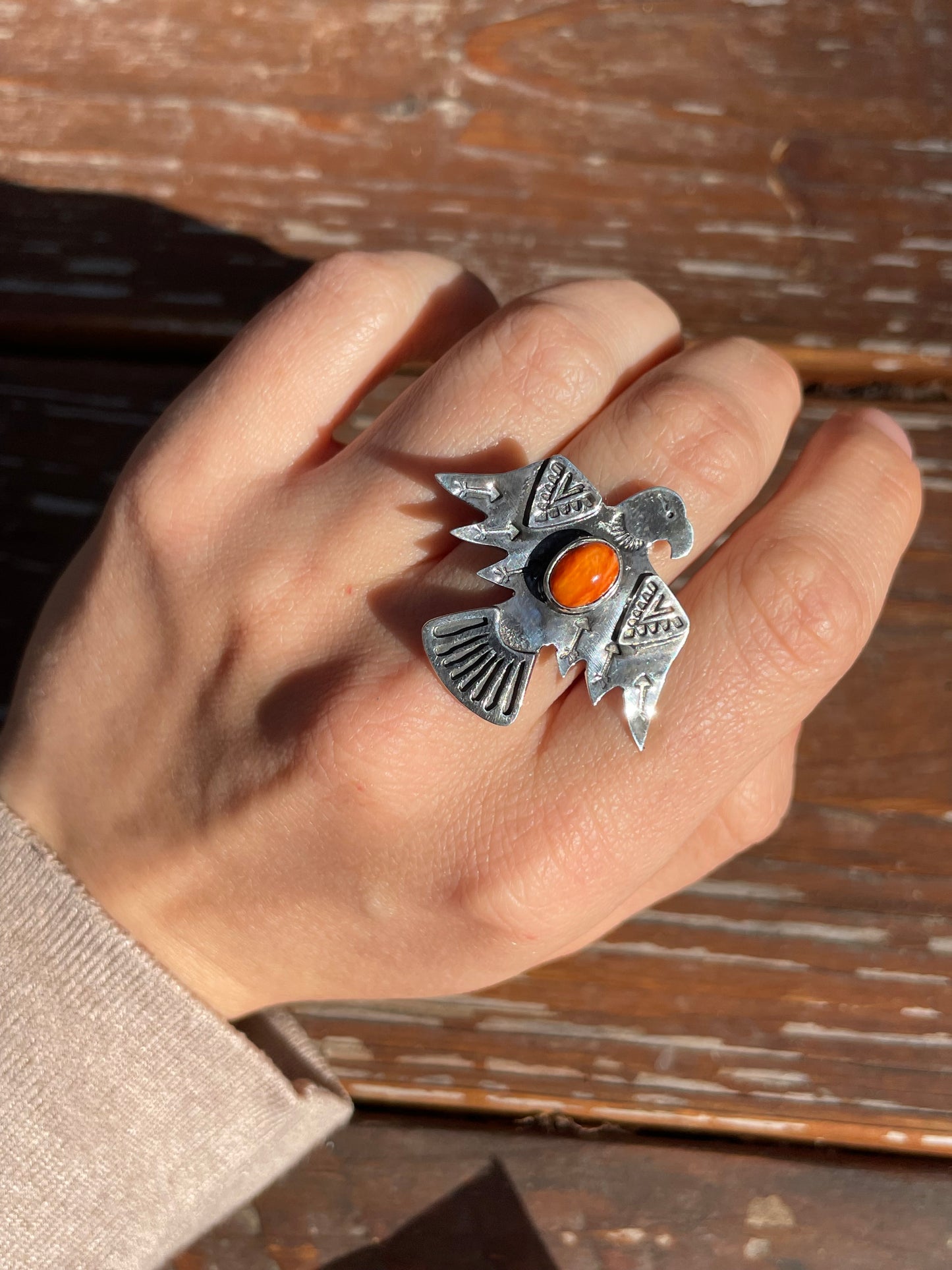 Spiny Oyster Thunderbird Ring Size 8.75 | 925 Sterling Silver Southwest D102