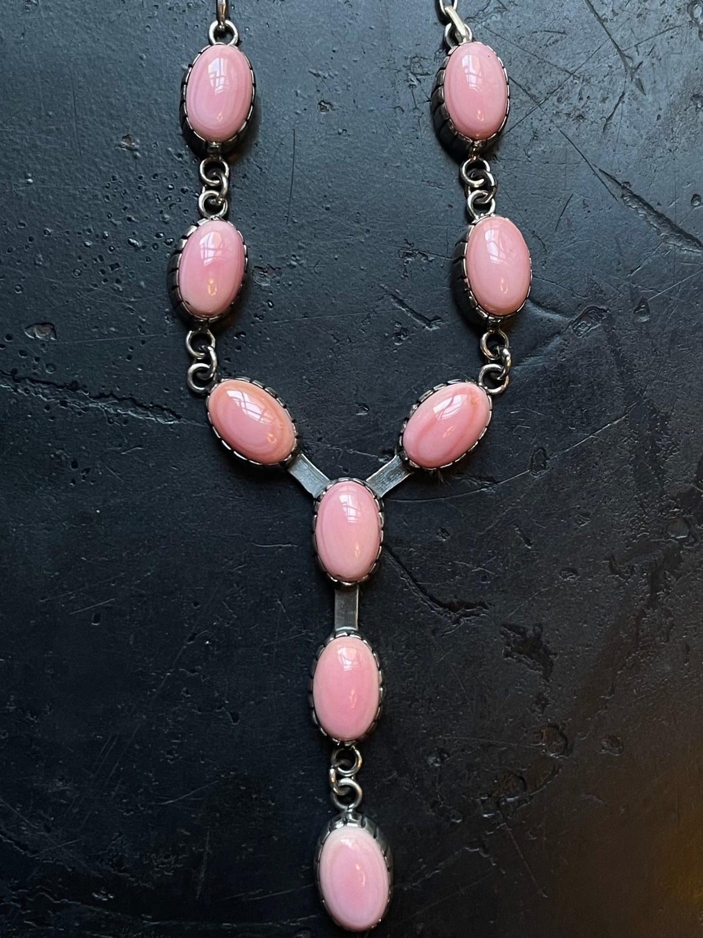 Pink Conch Lariat Necklace | Teardrop Station Drop | 925 Silver E567