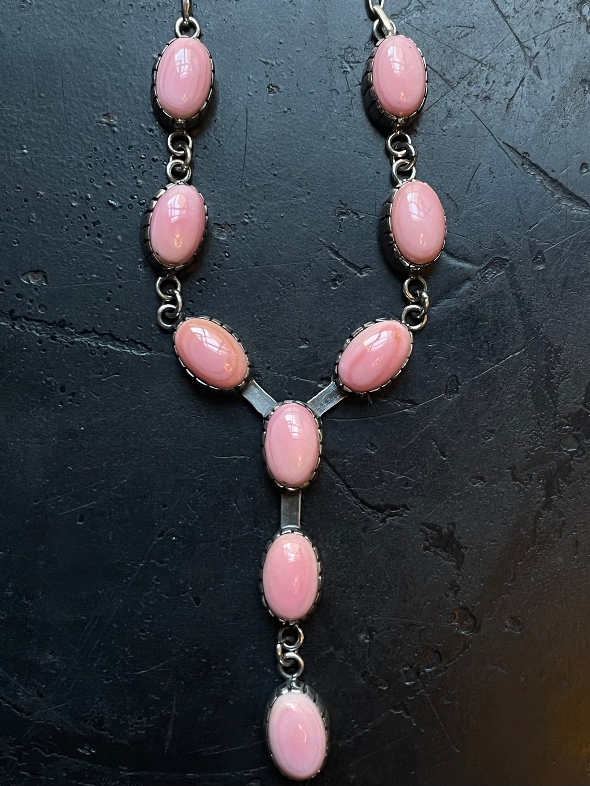 Pink Conch Lariat Necklace | Teardrop Station Drop | 925 Silver E567