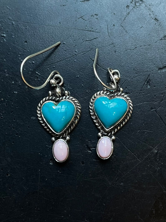 Kingman Turquoise Pink Conch Earrings | Heart Drop Hook E666