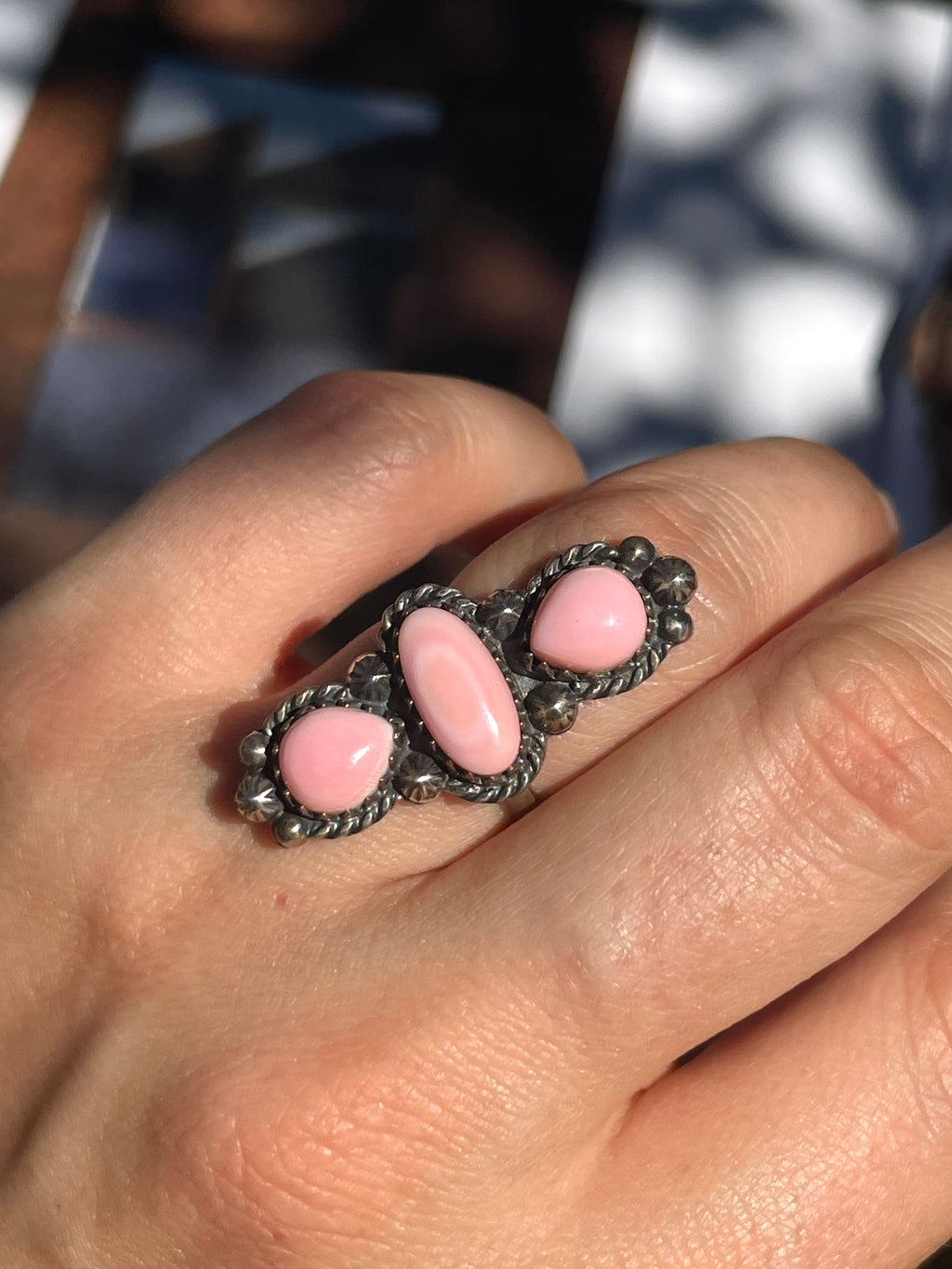 Pink Conch Triple Stone Ring | 925 Sterling Silver | Size 5.75 D359