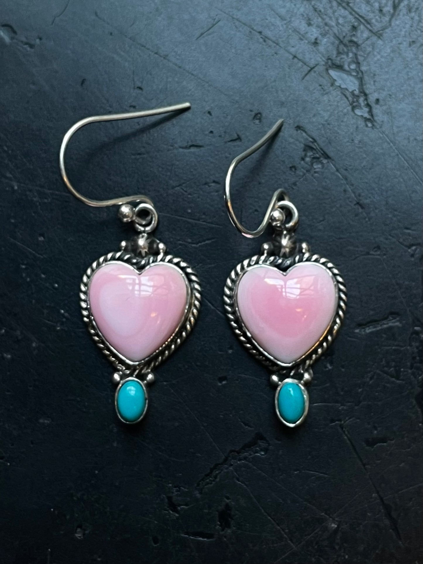 Pink Conch Kingman Turquoise Earrings | Heart Drop Hook E669
