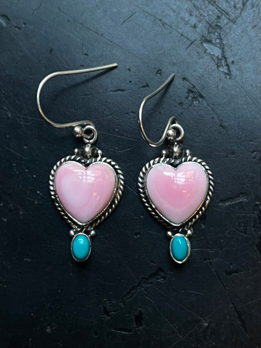 Pink Conch Kingman Turquoise Earrings | Heart Drop Hook E669
