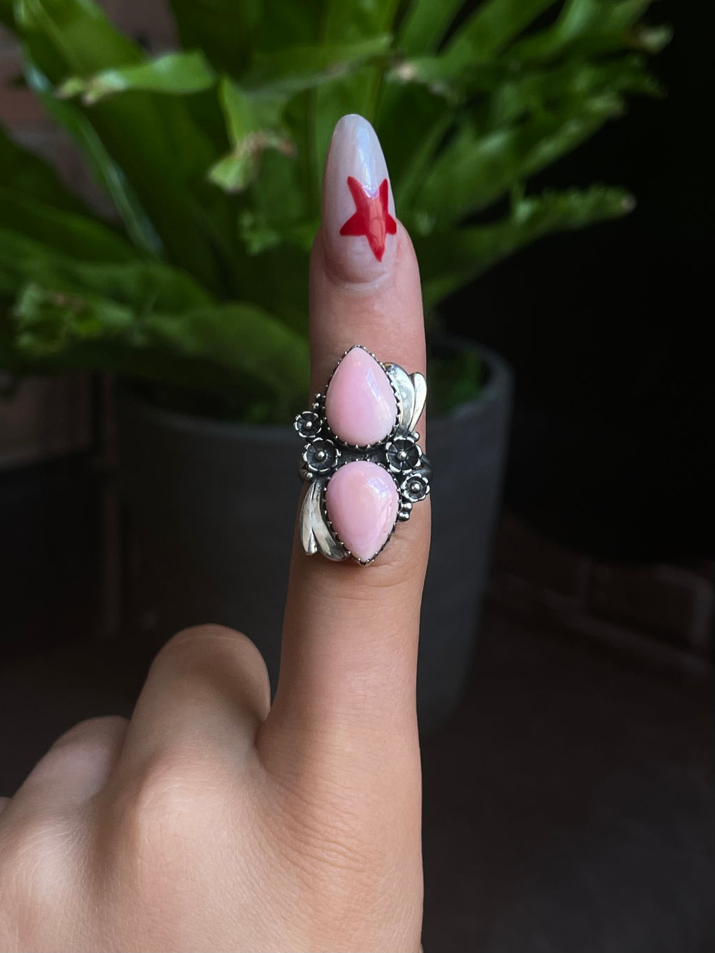 Pink Conch Double Tear Drop Floral Ring Size 7 | 925 Sterling Silver G532