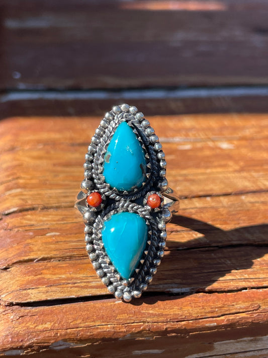 Turquoise & Coral Double Stone Ring Size 7.5 | 925 Sterling Silver B941