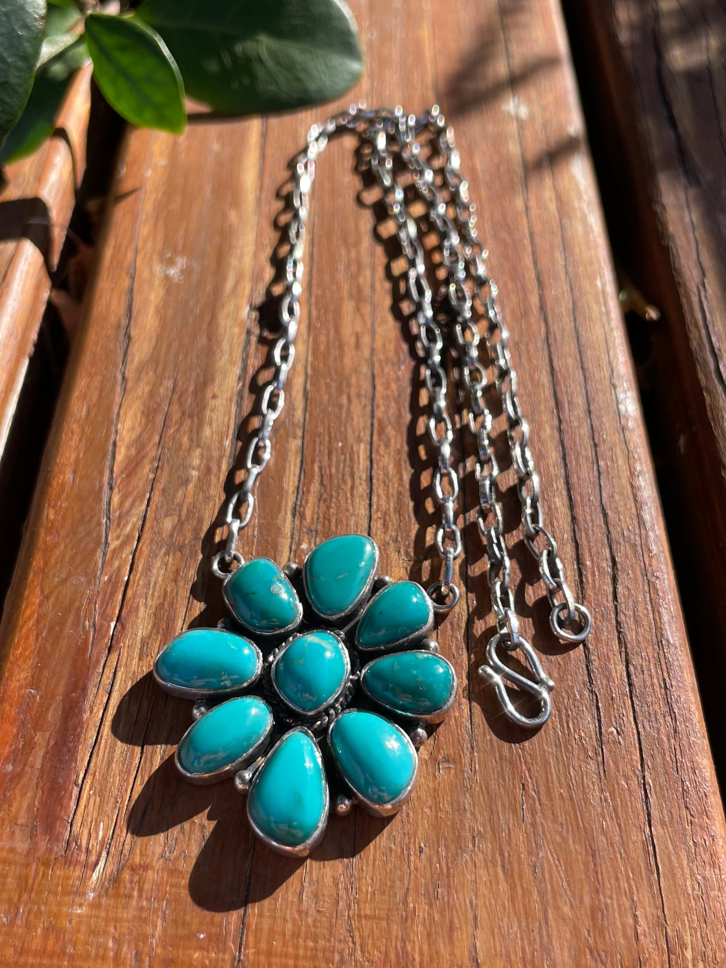 Kingman Turquoise Flower Necklace | Sterling Silver 925 Cluster| B891