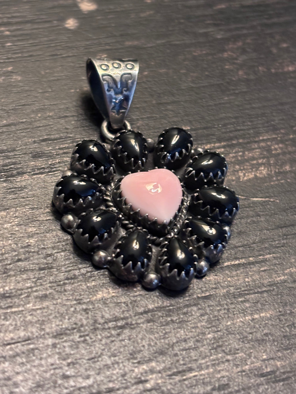 Pink Conch Black Onyx Heart Pendant | 925 Sterling Silver A097