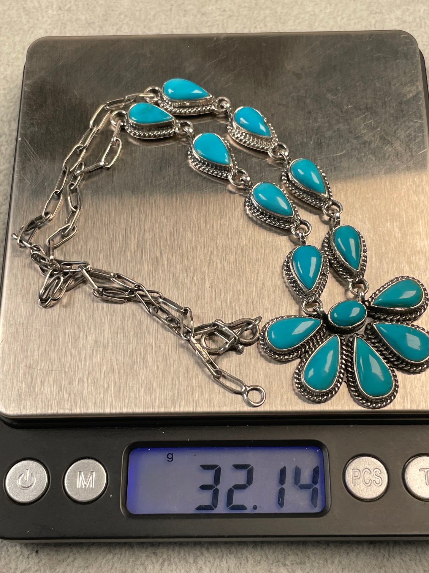 Kingman Turquoise Flower Lariat Necklace | Sterling Silver D133