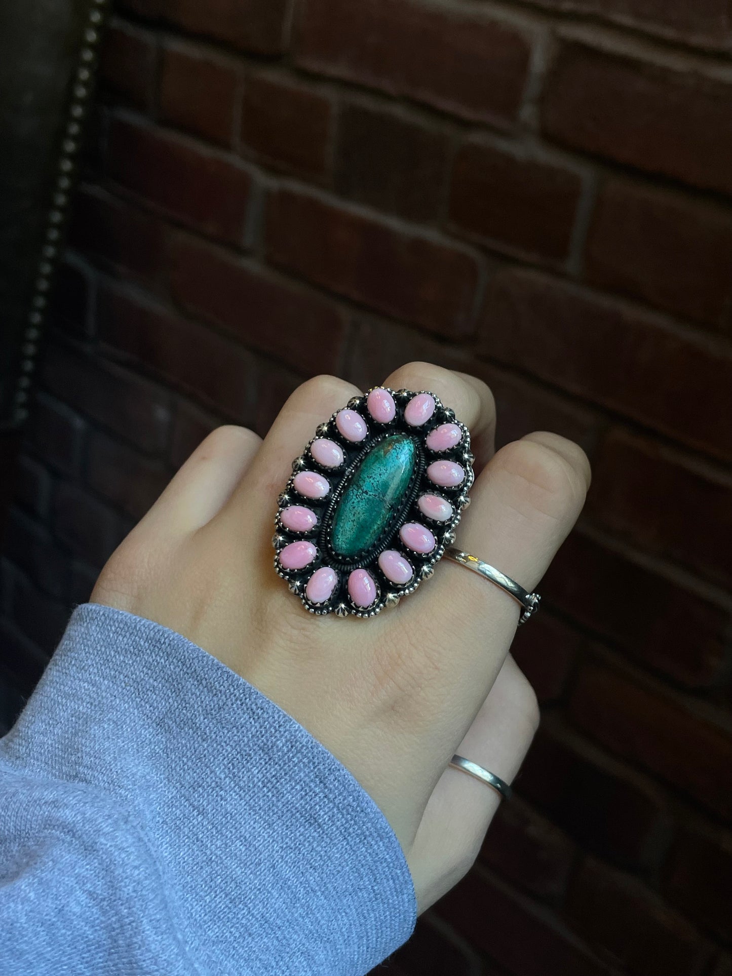 Pink Conch Turquoise Flower Ring | Sterling Silver 925 Size 8 C741