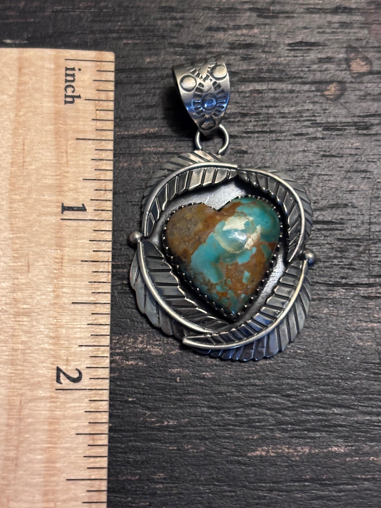 Kingman Turquoise Heart Feather Pendant | Sterling Silver Southwestern Style A085