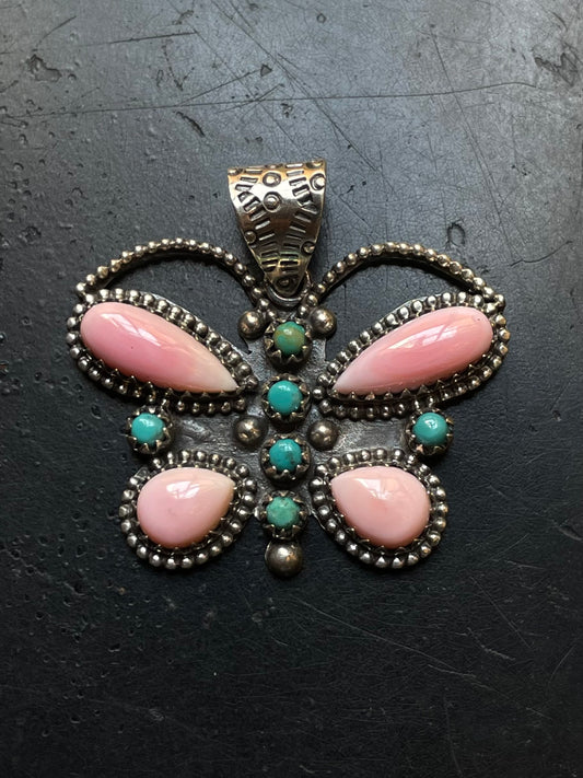 Pink Conch & Turquoise Butterfly Pendant | 925 Sterling Silver E955