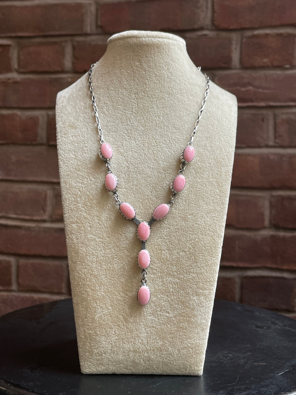 Pink Conch Lariat Necklace | Teardrop Station Drop | 925 Silver E553