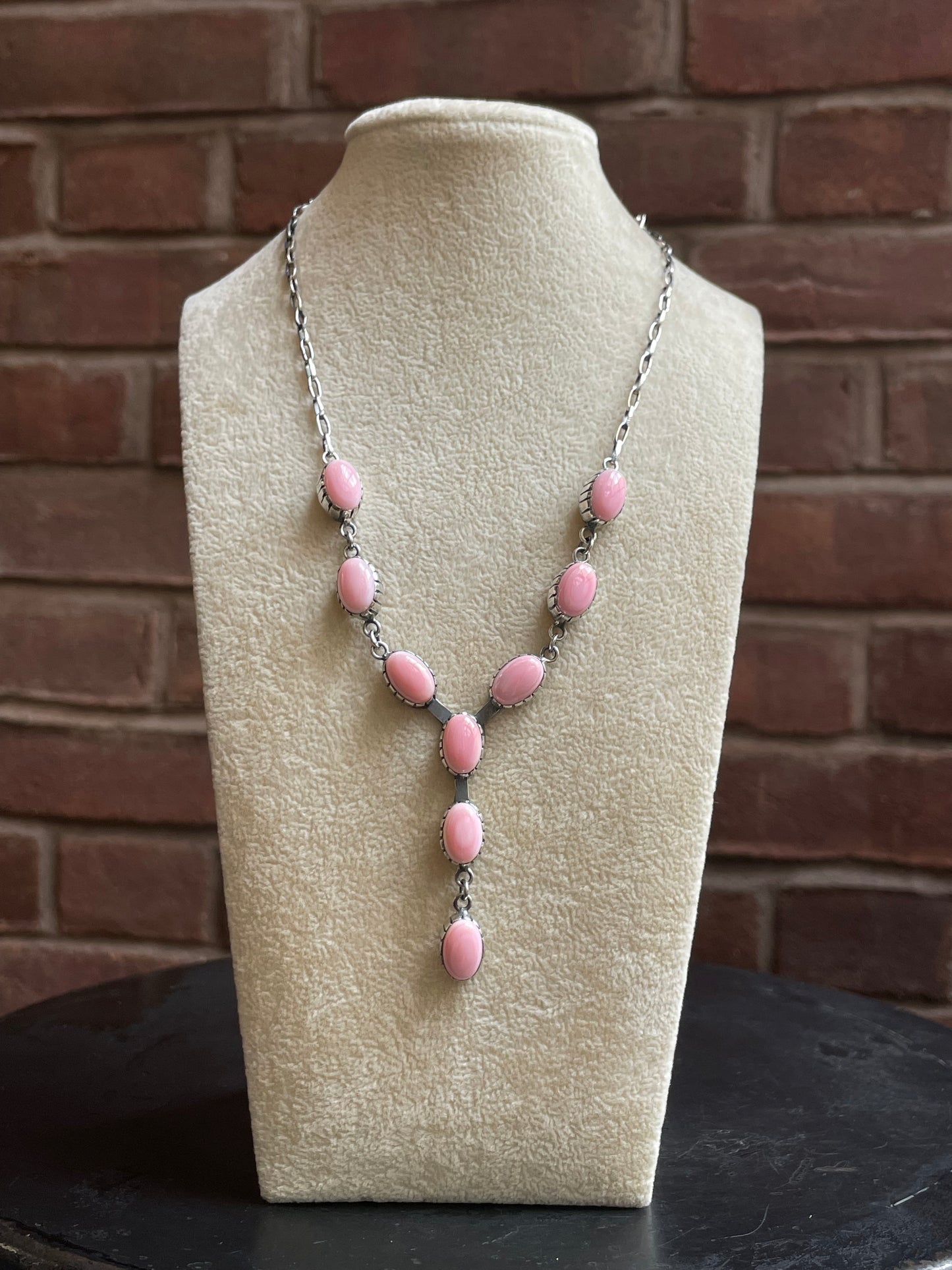 Pink Conch Lariat Necklace | Teardrop Station Drop | 925 Silver E553