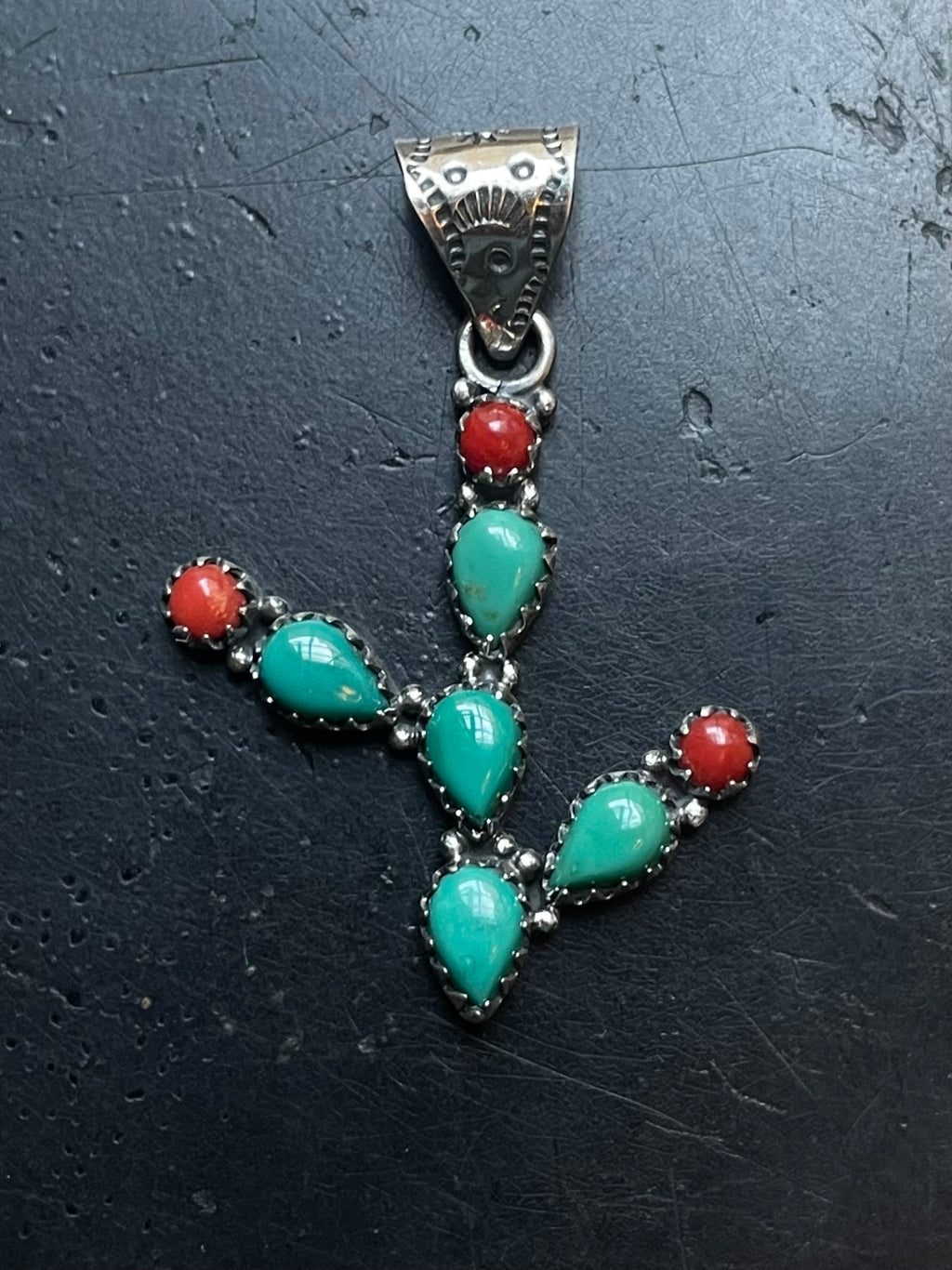 Turquoise Coral Cactus Pendant | 925 Sterling Silver E520