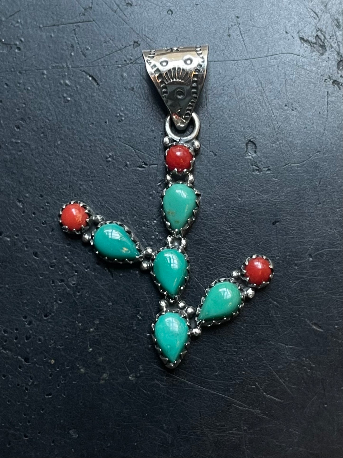Turquoise Coral Cactus Pendant | 925 Sterling Silver E520
