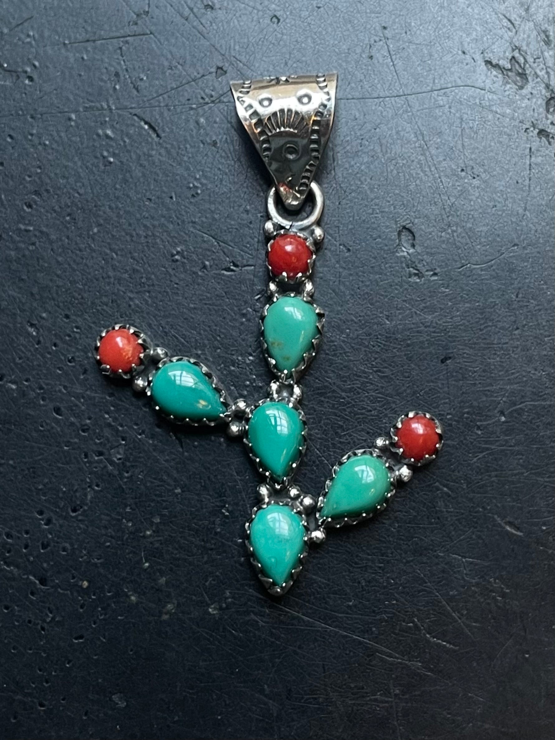 Turquoise Coral Cactus Pendant | 925 Sterling Silver E520