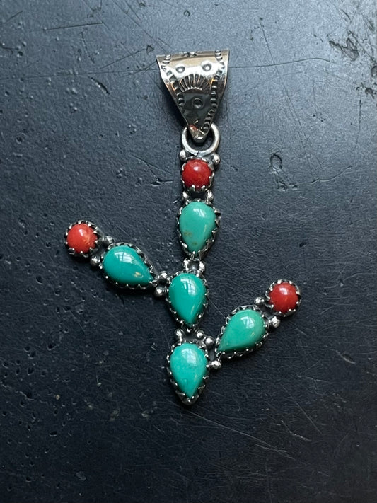Turquoise Coral Cactus Pendant | 925 Sterling Silver E520