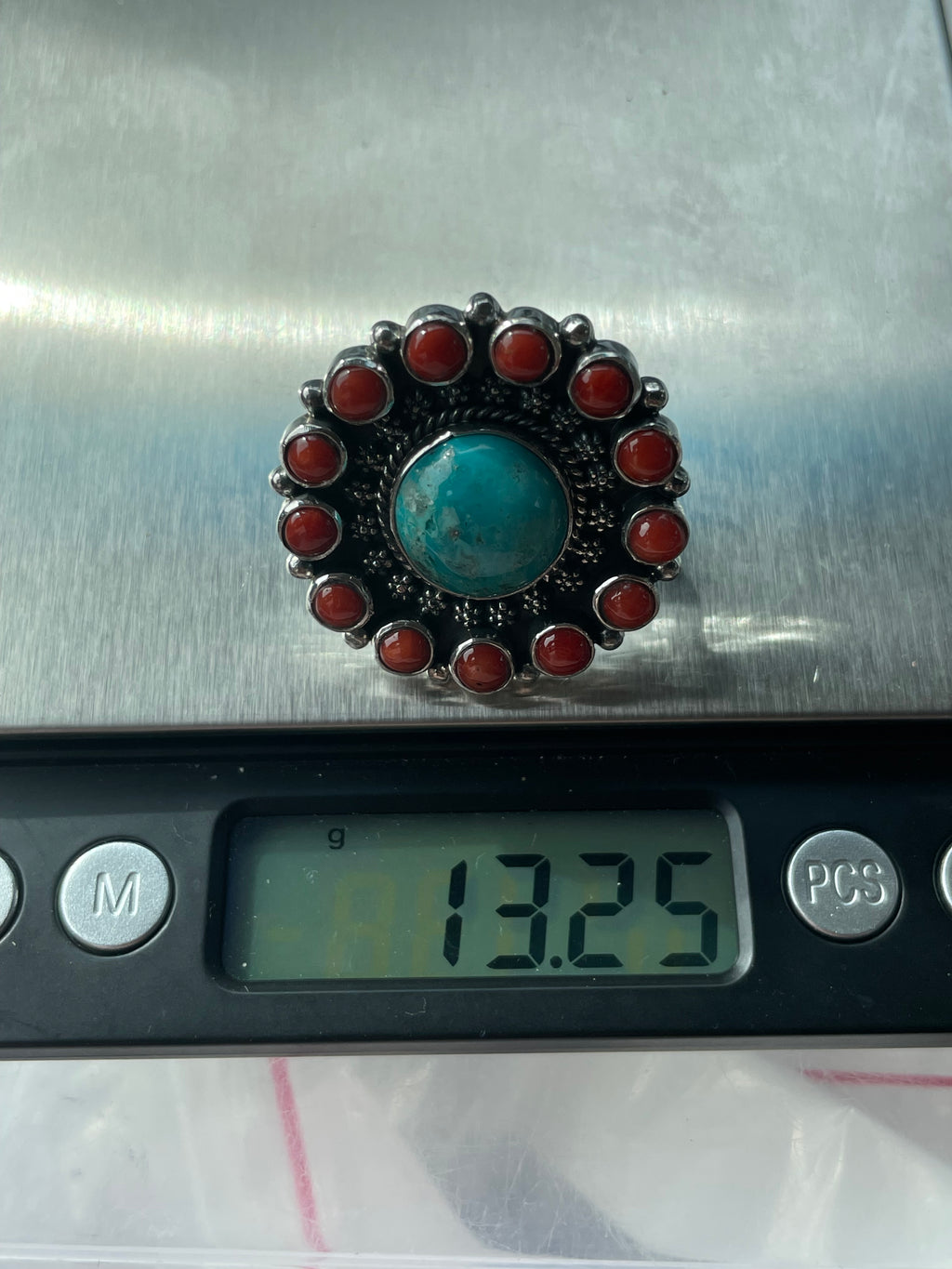 Turquoise & Coral Flower Ring Size 7 | 925 Sterling Silver B566