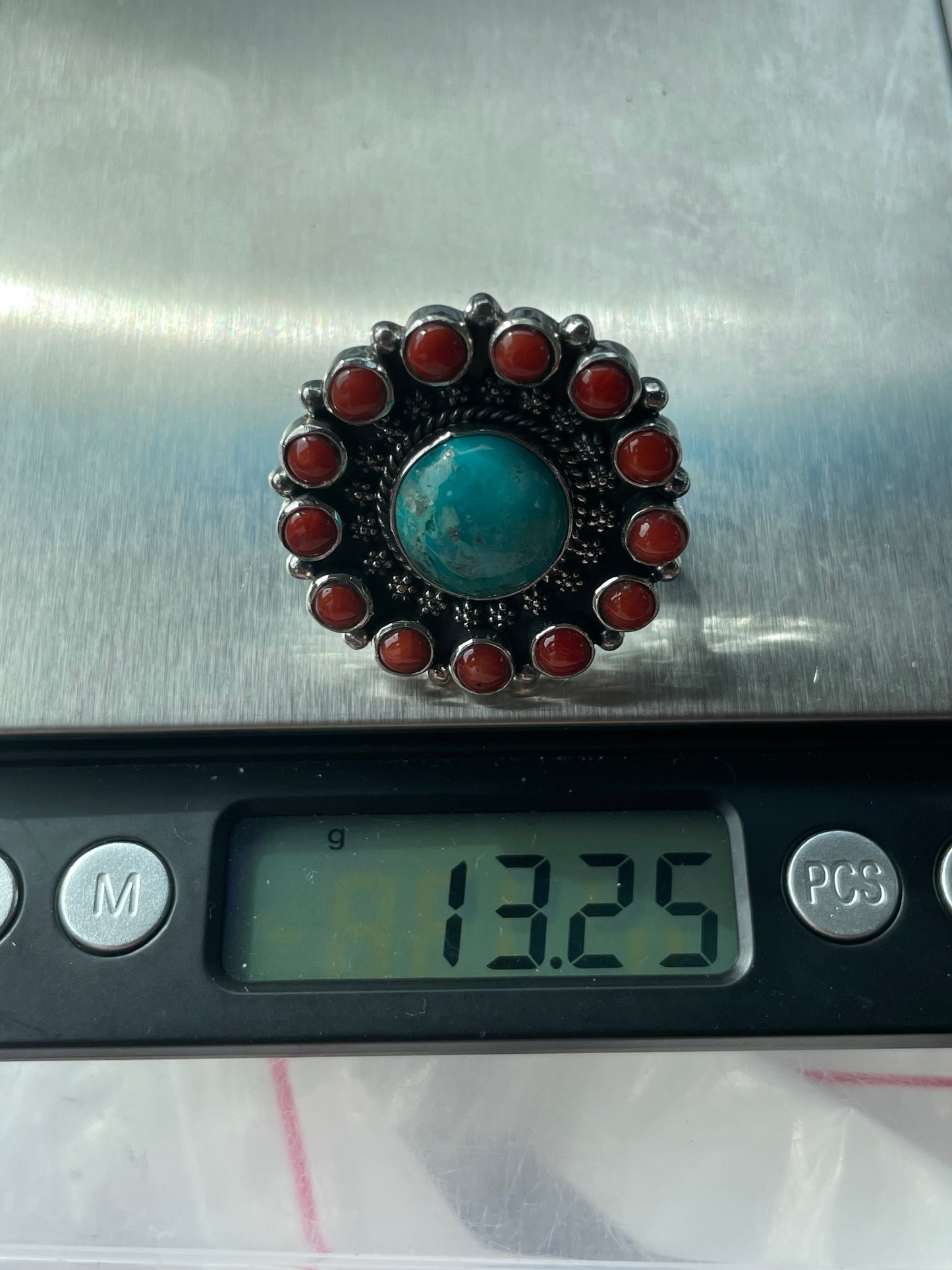 Turquoise & Coral Flower Ring Size 7 | 925 Sterling Silver B566