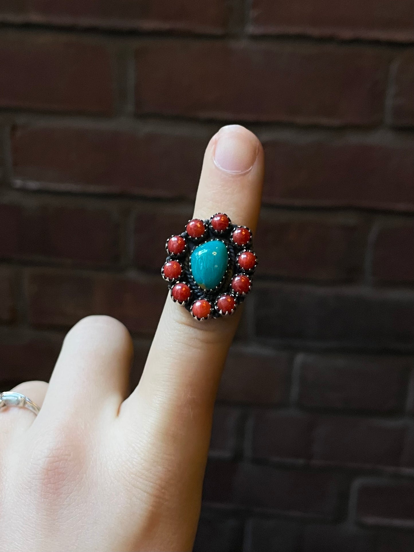Kingman Turquoise Coral Cluster Ring | Sterling Silver | Size 7 | A205