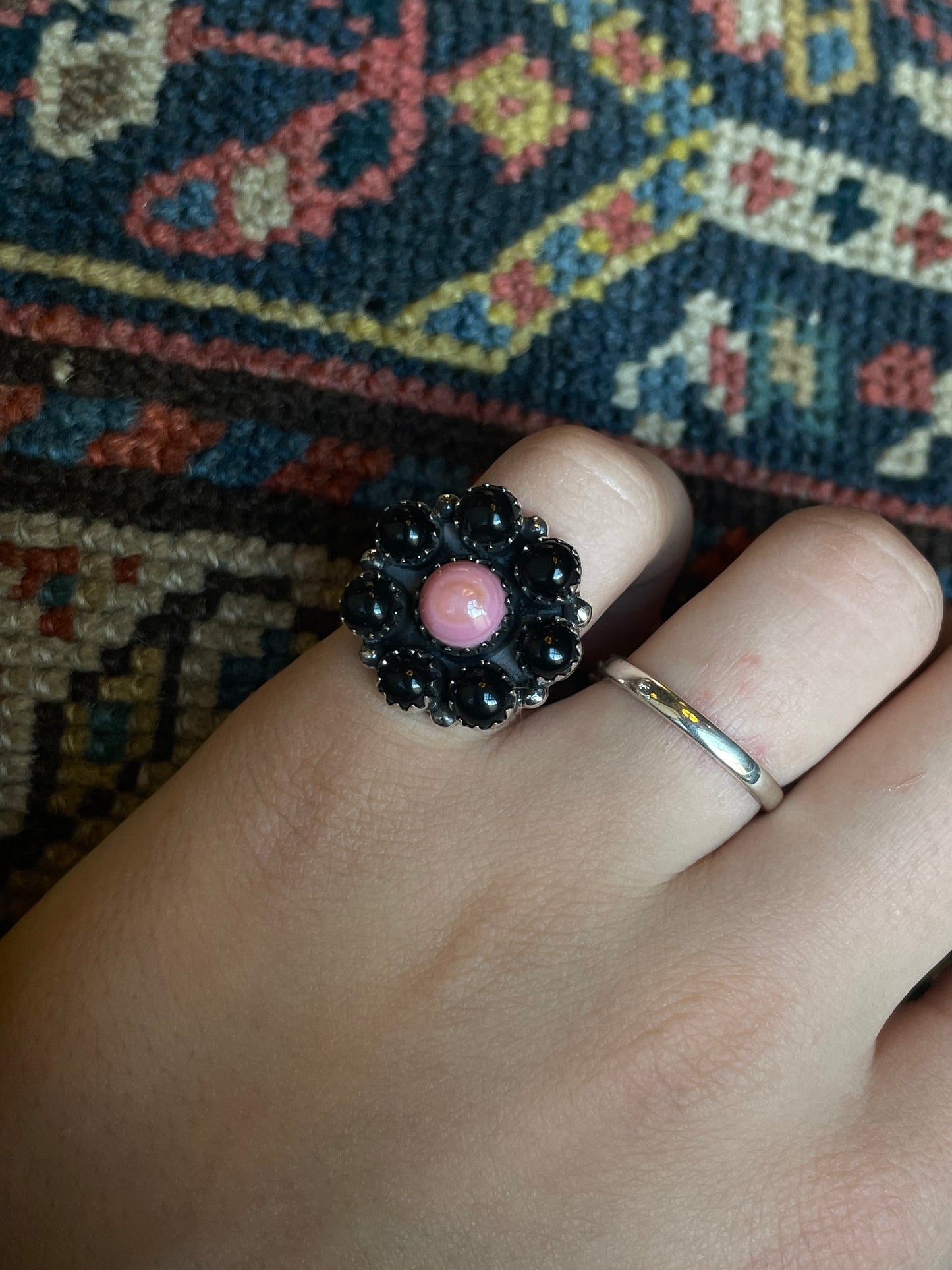 Black Onyx Pink Conch Flower Ring | Sterling Silver Size 5.5 925 C733