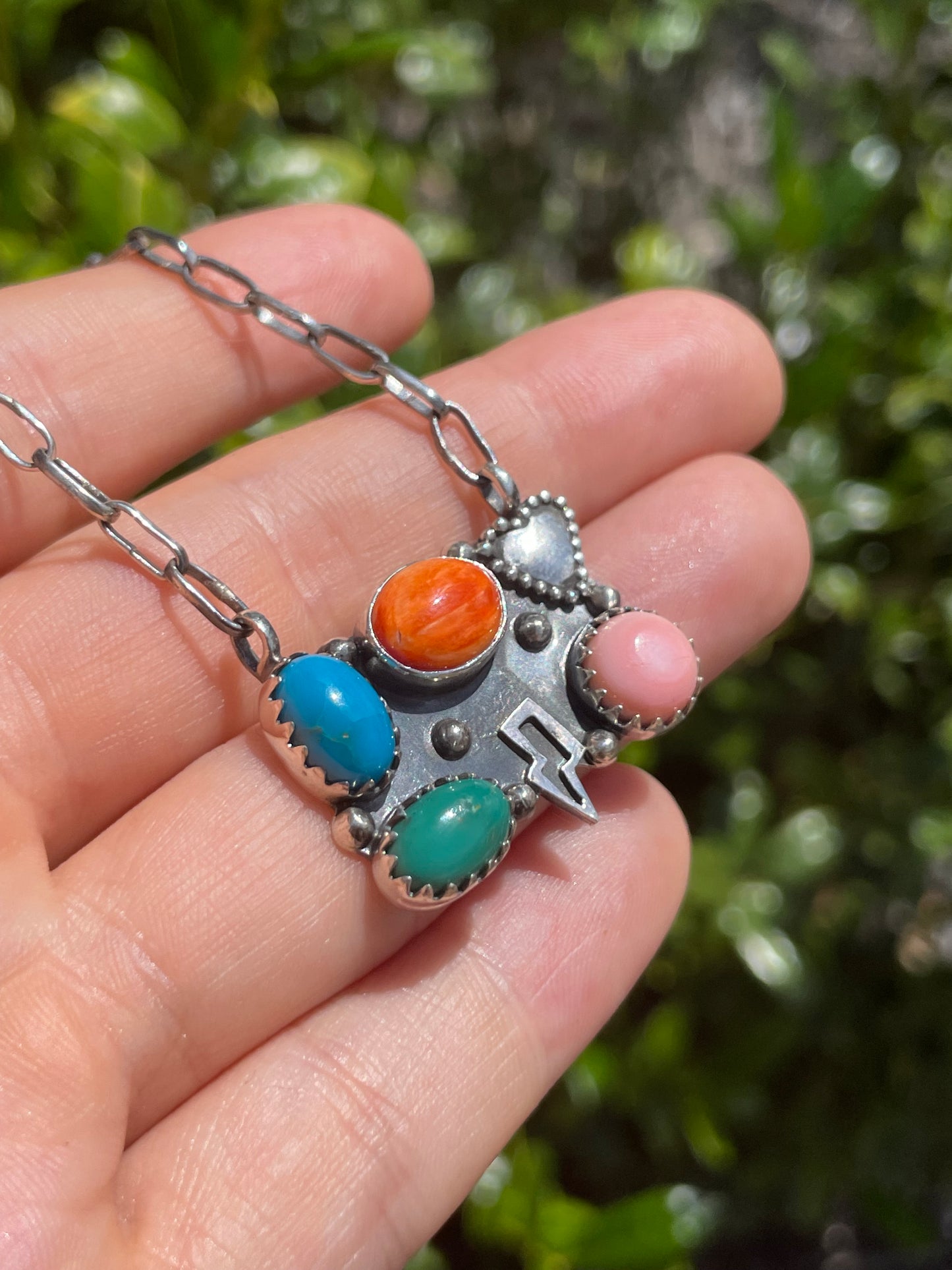 Spiny Oyster, Turquoise & Pink Conch Lightning Necklace | 925 Sterling Silver D161