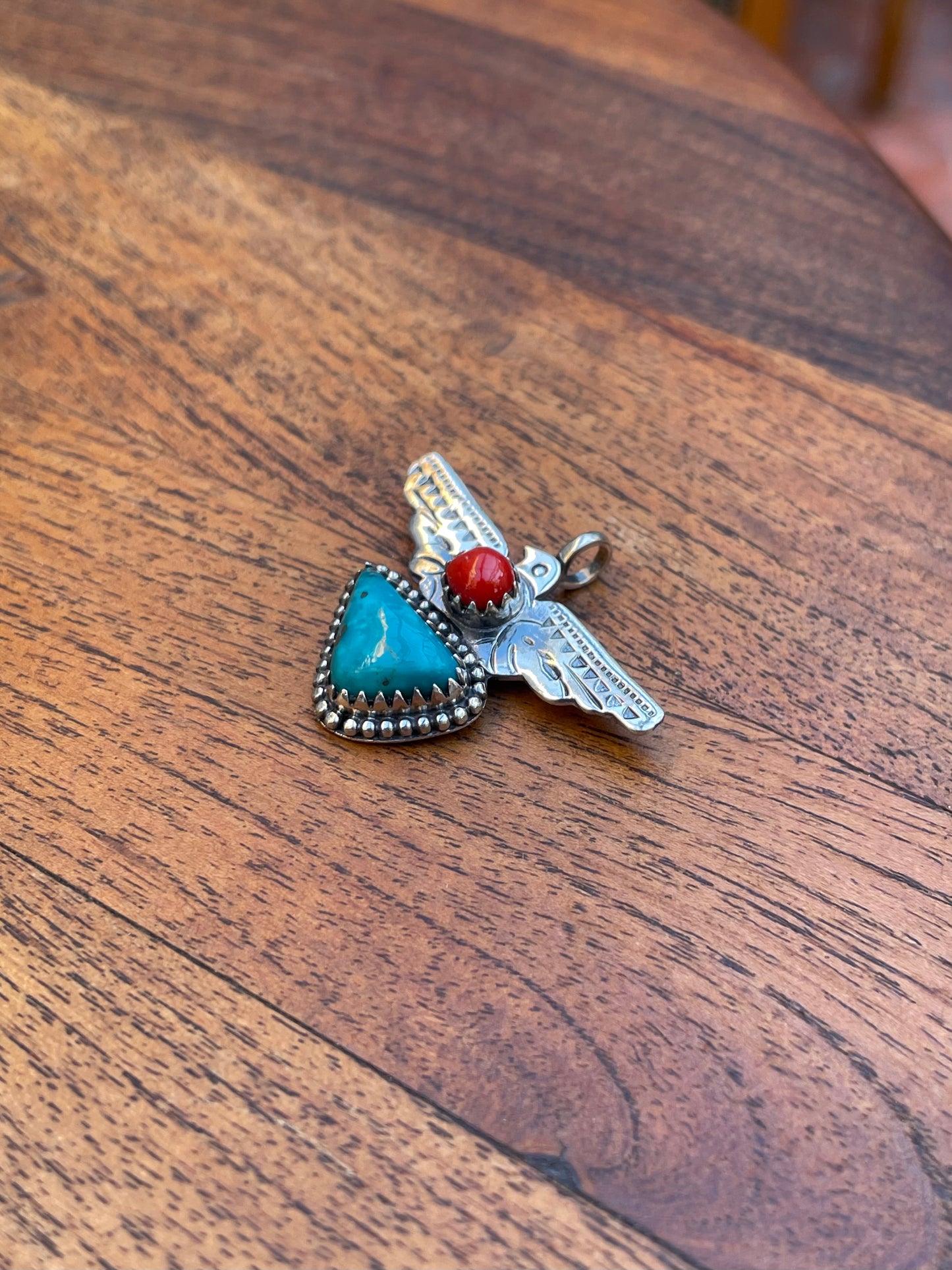 Turquoise & Coral Thunderbird Pendant | 925 Sterling Silver C820