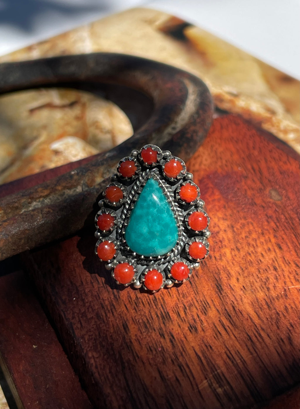 Turquoise & Italian Coral Cluster Ring | 925 Sterling Silver | Size 7.25 D340