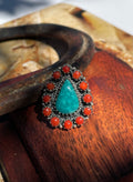 Turquoise & Italian Coral Cluster Ring | 925 Sterling Silver | Size 7.25 D340