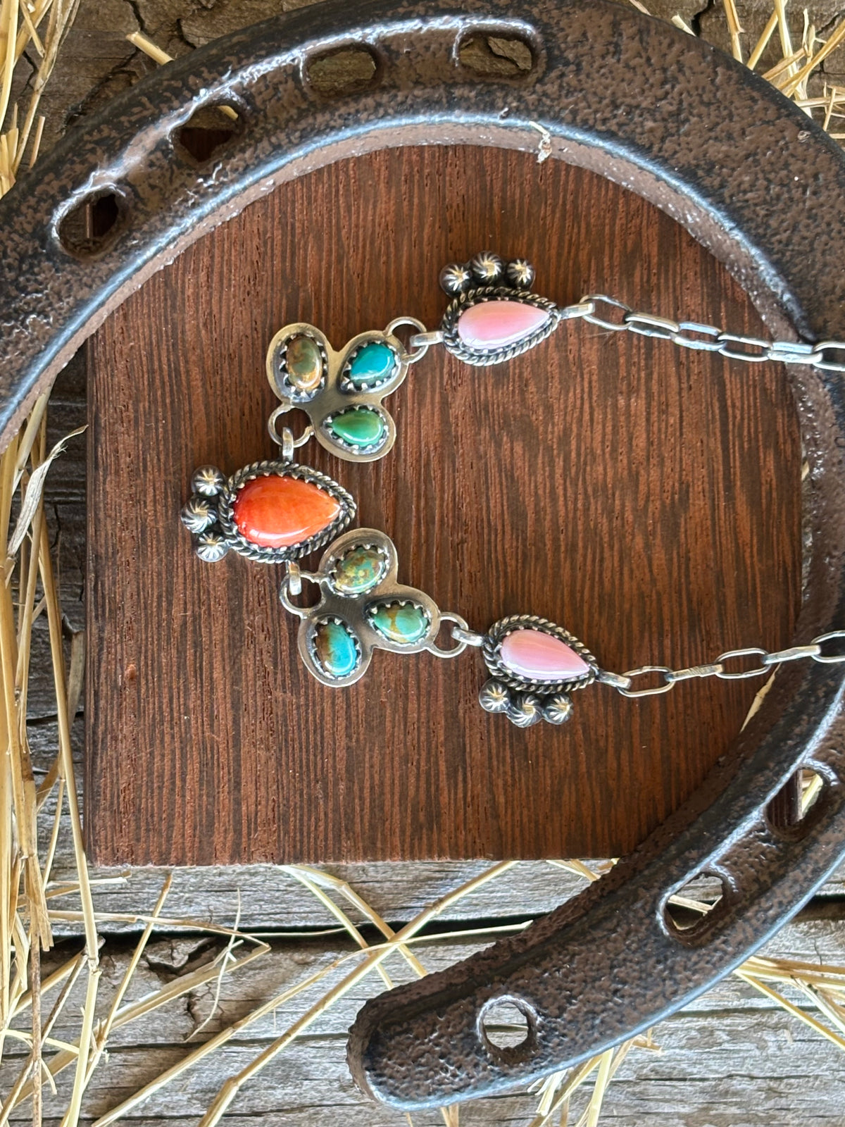 Pink Conch & Turquoise Multistone Necklace | 925 Sterling Silver Z38