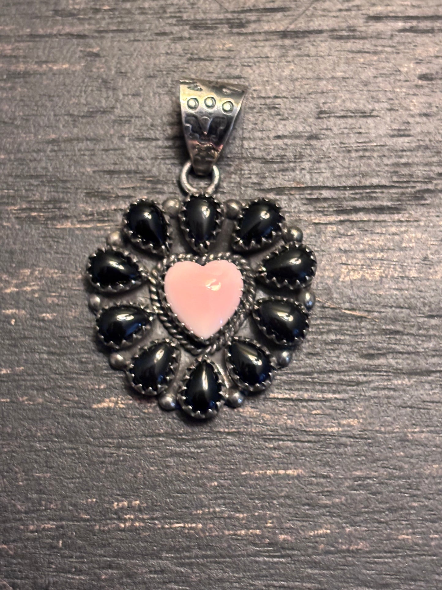 Pink Conch Black Onyx Heart Pendant | 925 Sterling Silver A097