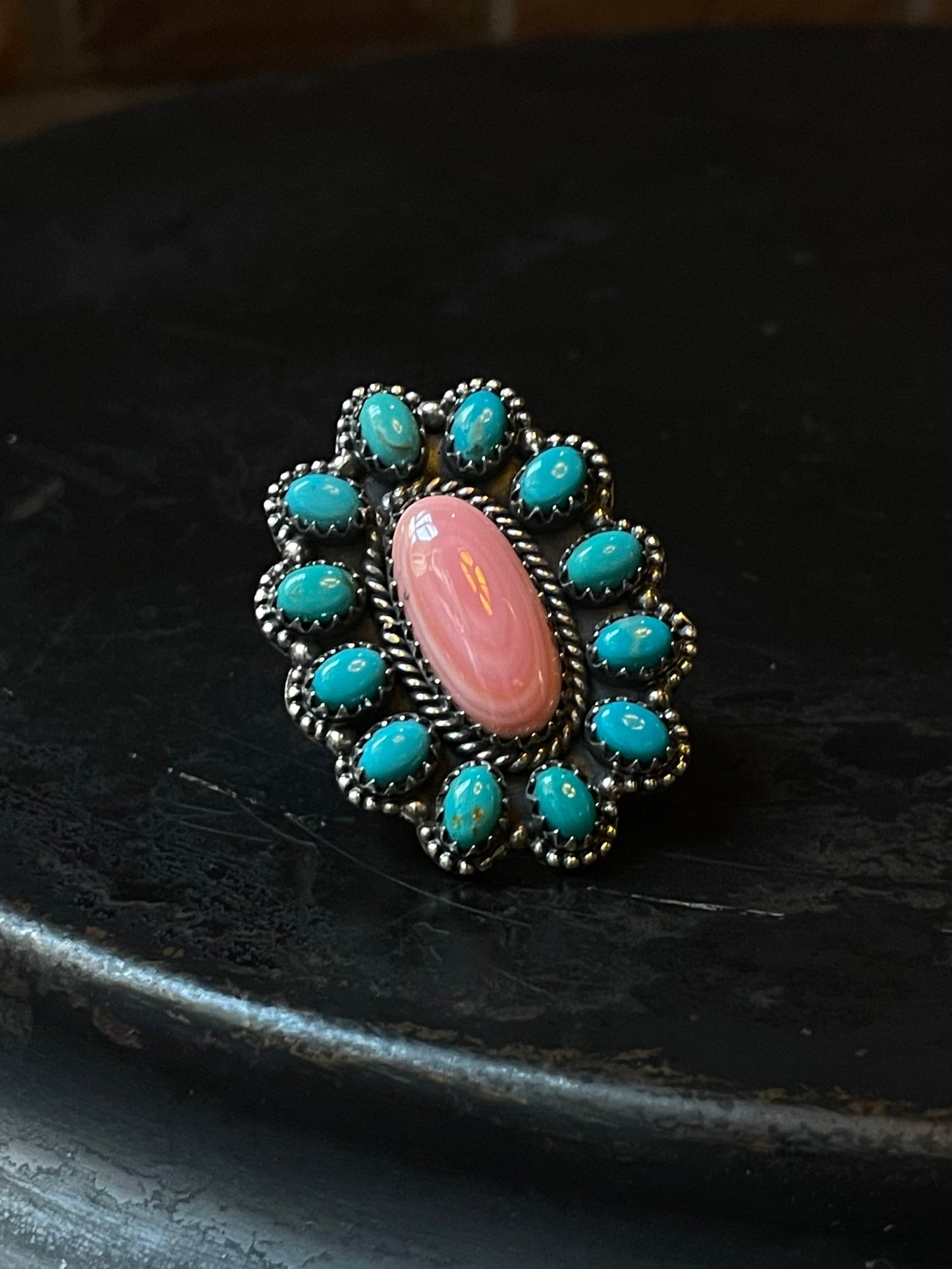 Large Cluster Pink Conch Ring | Sterling Silver | Size 7 | A364