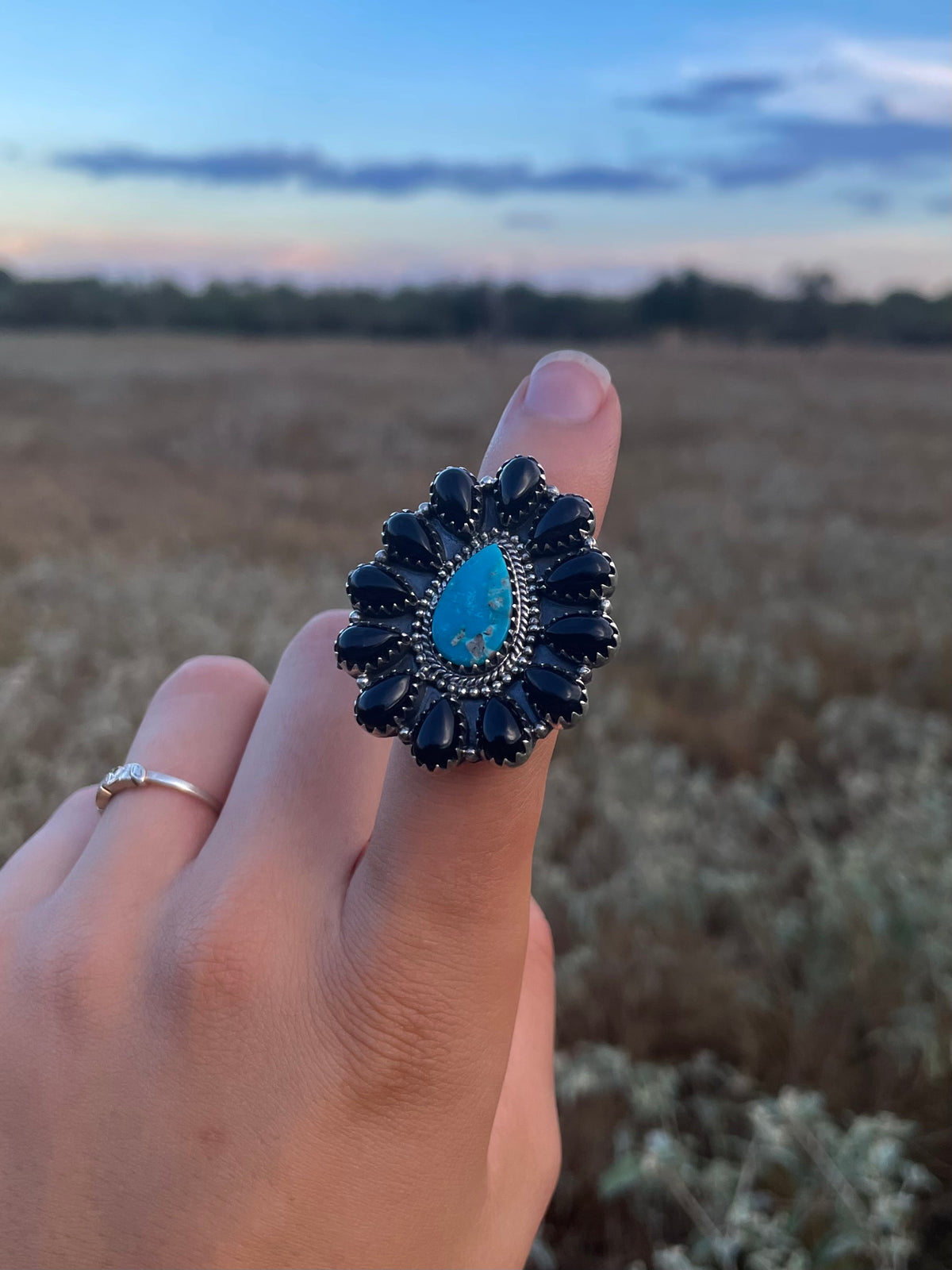 Turquoise & Black Onyx Cluster Ring | 925 Sterling Silver Size 8.75 G823