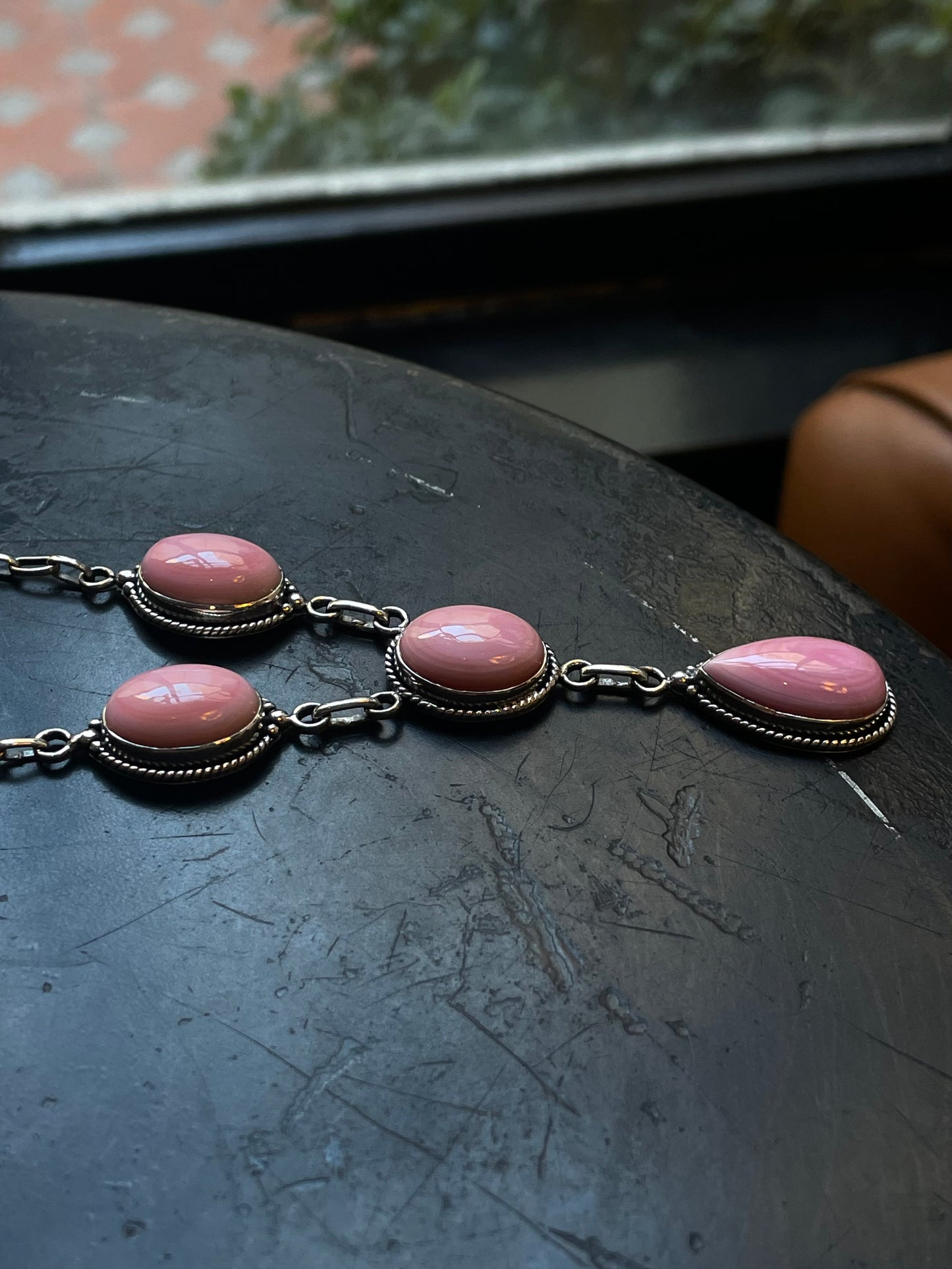 Pink Conch Lariat Necklace | Teardrop Station Drop | 925 Silver E585