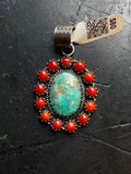 Kingman Turquoise Coral Cluster Pendant | Sterling Silver | A524