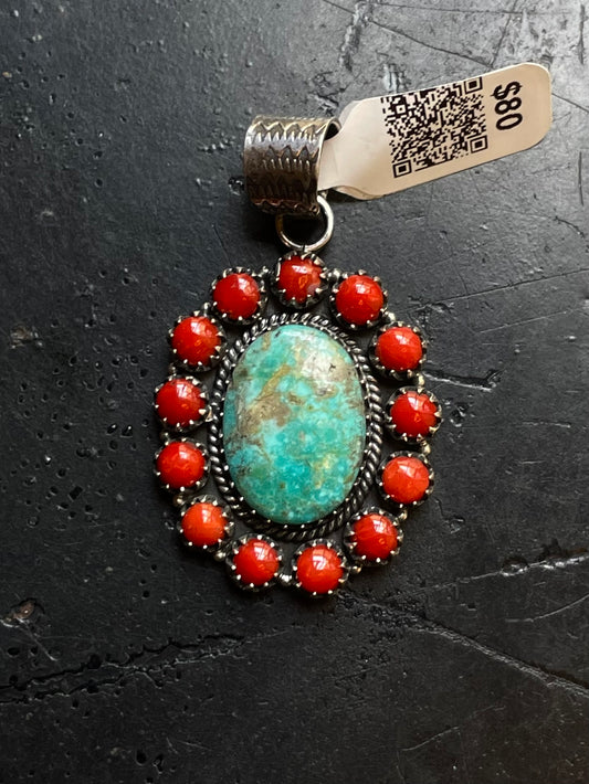 Kingman Turquoise Coral Cluster Pendant | Sterling Silver | A524