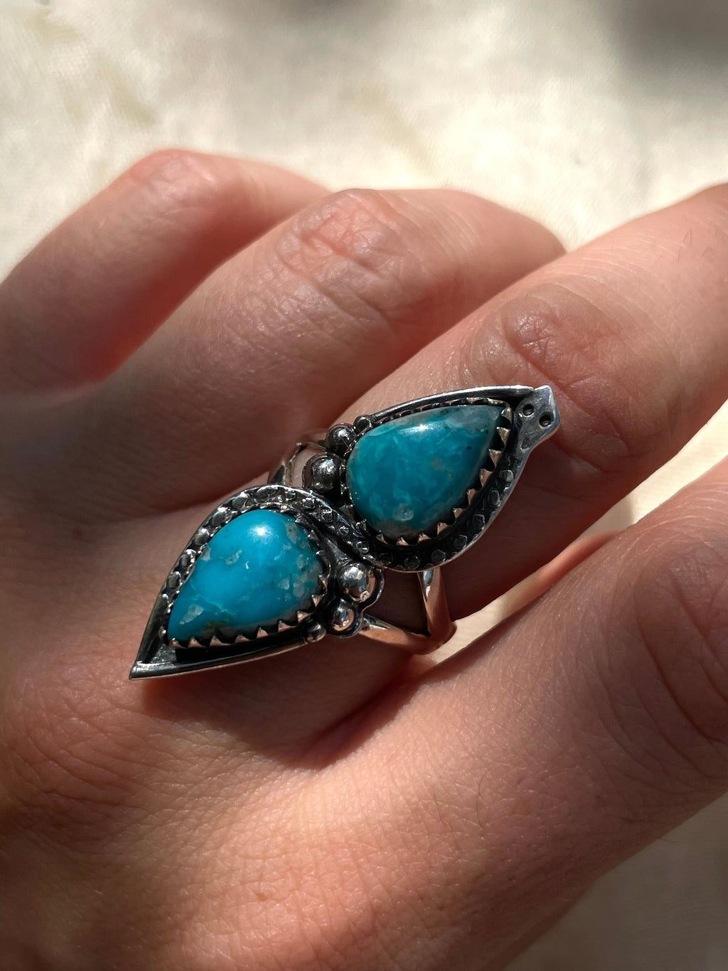 Turquoise Double Stone Ring Size 7 | 925 Sterling Silver C958