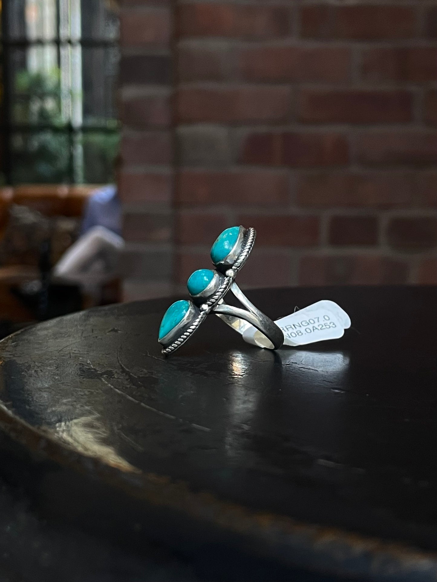 Three Stone Kingman Turquoise Ring | Sterling Silver | Size 7 | A253