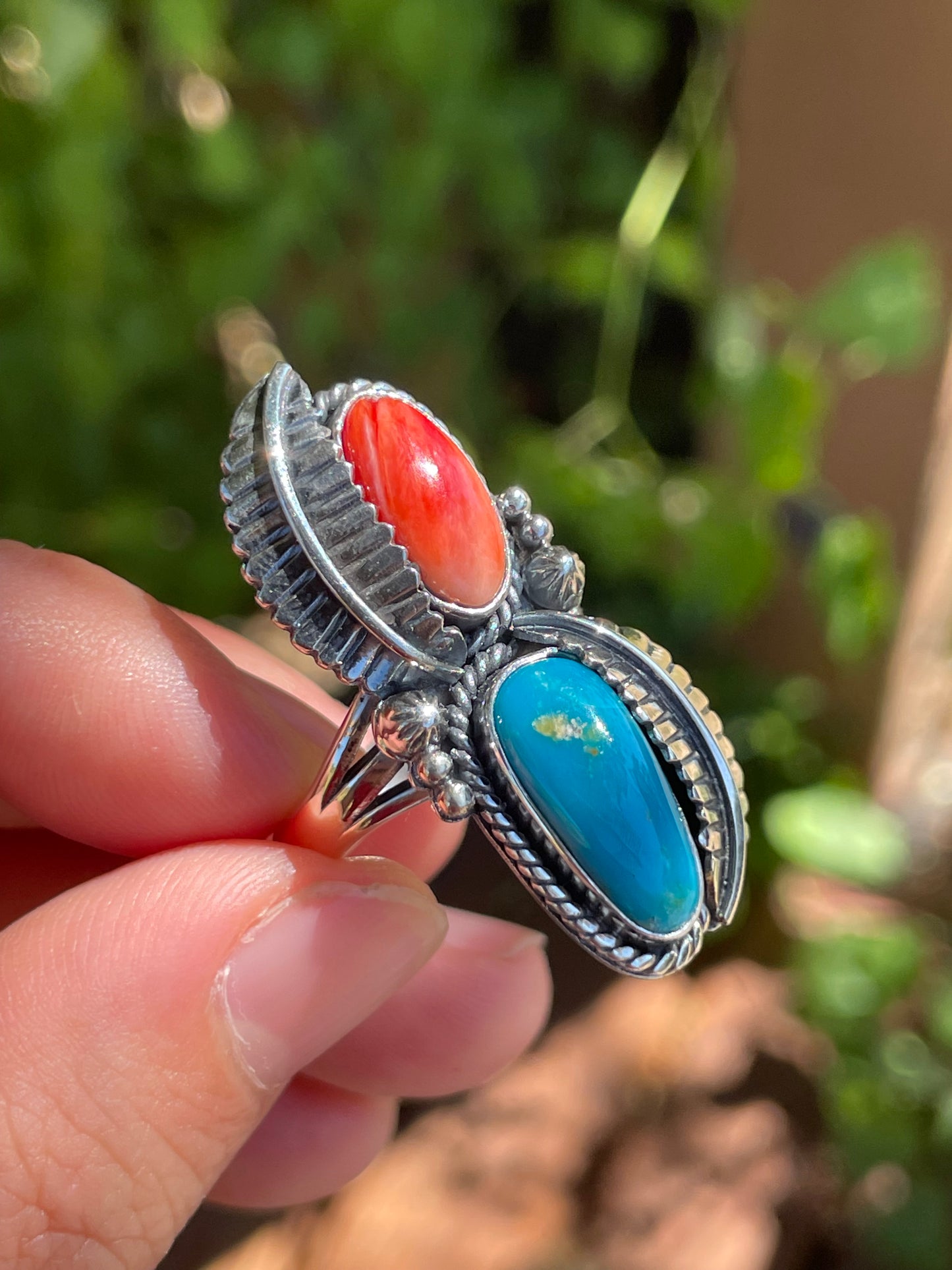 Spiny Oyster & Turquoise Leaf Ring | Size 9 | 925 Sterling Silver Z82