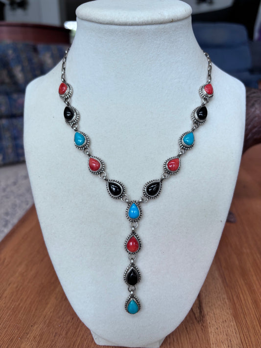 Turquoise Onyx Coral Drop Necklace | 925 Sterling Silver A108