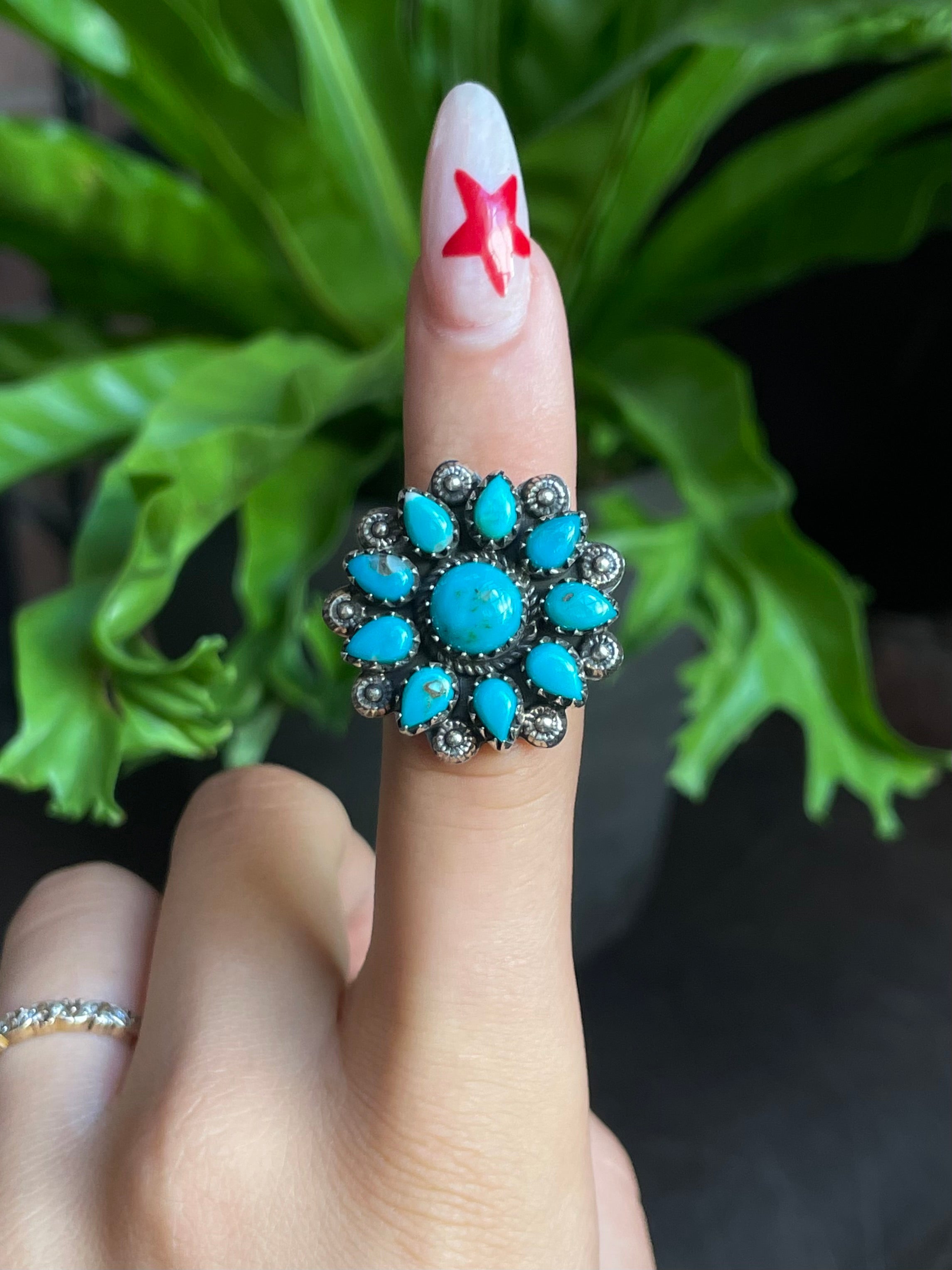 Kingman Turquoise Flower Cluster Ring Size 6.75 | 925 Sterling Silver G577