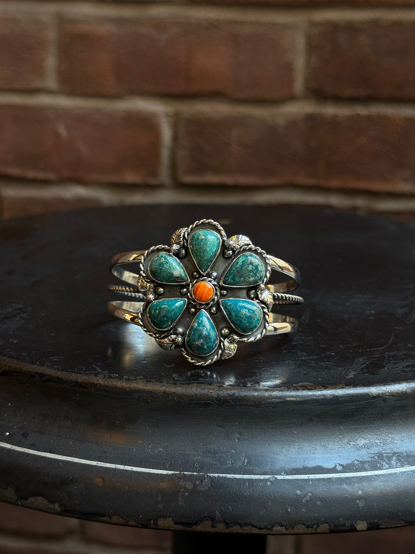 Turquoise Spiny Oyster Flower Cuff | Sterling Silver | A992